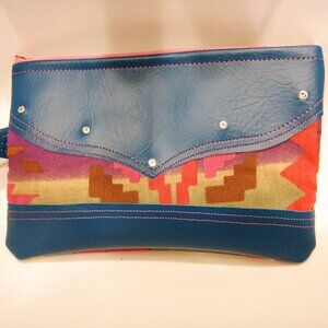 New Western theme Faux leather Clutch Wristlet Teal Pink wallet envelope bag